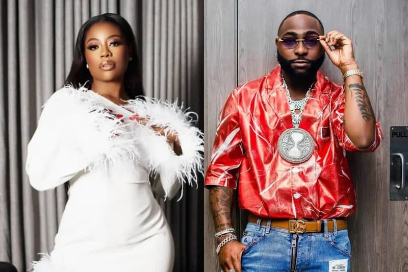 A split-screen composite photograph featuring Sophia Momodu on the left and Nigerian musician Davido on the right. Sophia is seen wearing a white dress with feather-trimmed sleeves, while Davido is dressed in a metallic red shirt, blue jeans, and prominent jewelry.