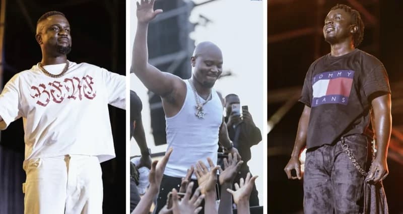 A three-panel collage featuring prominent Ghanaian artists Sarkodie, King Promise, and Kweku Smoke performing on stage. The images capture various high-energy moments from the 'Music Is My Life' concert held in Tema, showing the artists in their performance attire engaging with the audience.