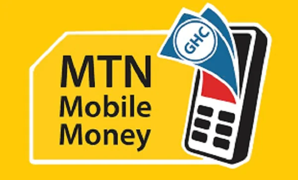 A graphic logo for MTN Mobile Money featuring a yellow SIM-card-shaped background with the service name in black text. To the right, an illustration shows a mobile phone with blue banknotes labeled 'GHC' appearing to come out of the screen.