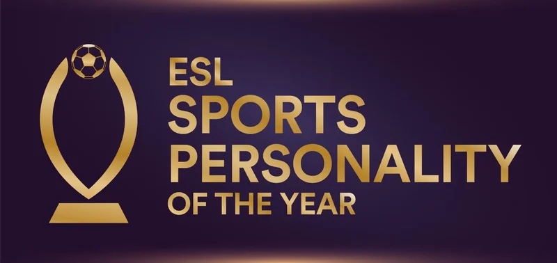 This graphic displays the "ESL Sports Personality of the Year" award. The text is in gold and the background is a gradient from dark purple to light purple. An abstract golden trophy with a soccer ball is also featured.