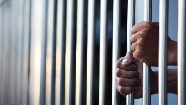 The image shows a person's hands gripping the bars of a jail cell. The scene suggests confinement and imprisonment. This is likely related to a news article about someone being jailed.