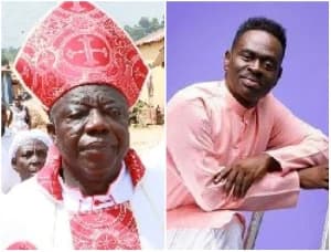 A split-screen collage featuring Bishop J.Y. Adu on the left and the late Ghanaian gospel musician Yaw Sarpong on the right. Bishop Adu is seen wearing traditional red and white clerical vestments including a mitre, while Sarpong is pictured in a pink shirt against a vibrant purple background.