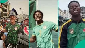 A collage featuring three vertical panels showing American streamer IShowSpeed and Nigerian content creator Peller. The first panel shows IShowSpeed in a Nigerian football jersey and traditional cap amidst a crowd, while the other panels show him in a Senegal jersey and a close-up of Peller smiling.