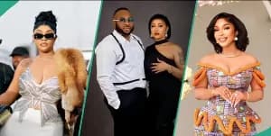 A composite image or collage featuring three separate photographs. From left to right, the image shows Nigerian actress Angela Okorie in a stylish outfit with a fur stole, Olakunle Churchill standing next to his wife Rosy Meurer, and actress Tonto Dikeh in a traditional African print dress.