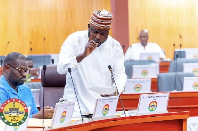 Hon. Habib Iddrisu, the Member of Parliament for Tolon, is captured standing and addressing the plenary in the Parliament of Ghana. He is holding documents and gesturing with his finger raised, while Hon. Frank Annoh-Dompreh sits beside him during the parliamentary session.