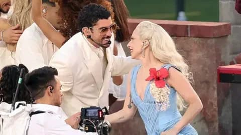 Getty Images Picture of Bad Bunny embracing Lady Gaga during his half-time show performance