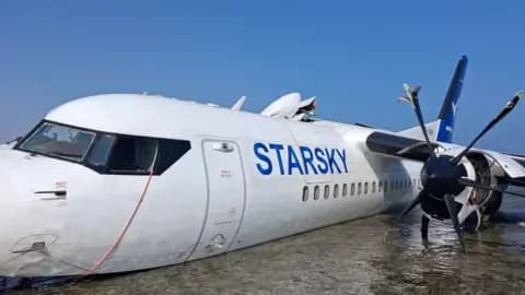 Starsky Aviation A damaged aircraft rests partly submerged on a shallow shoreline, with waves washing against its wing as it lies in clear, shallow water under a bright blue sky.