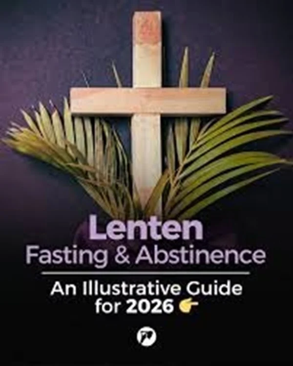 A religious graphic featuring a central wooden cross and green palm fronds against a dark purple background. The image includes text identifying it as a guide for Lenten fasting and abstinence for the year 2026, serving as a visual aid for Christian observances leading up to Easter.