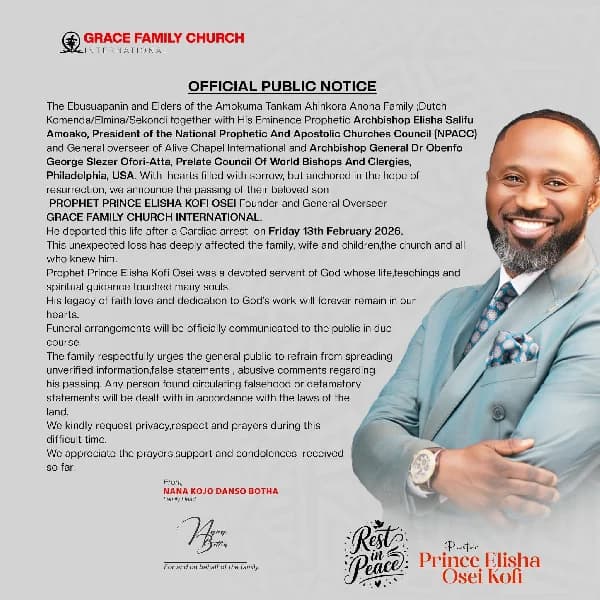 Grace Family Church Founder Prophet Prince Elisha Kofi Osei Passes Away Following Cardiac Arrest