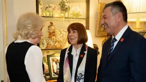 PA Media Camilla, Pelicot and Agopian speaking in Clarence House, with a display of ornate crockery behind them.