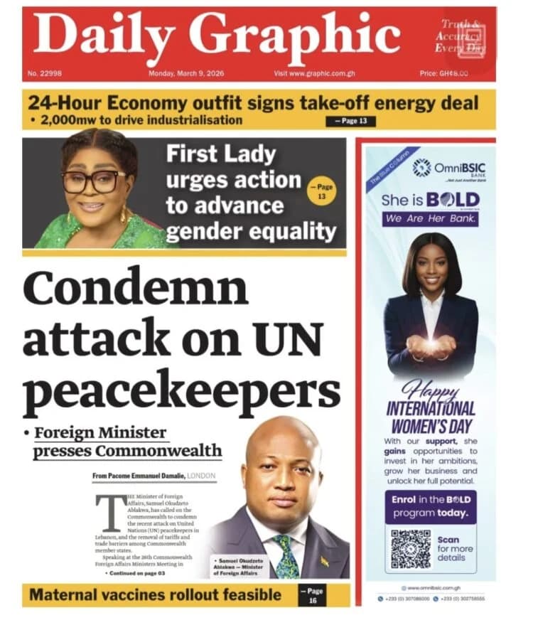 Ghana Newspaper Headlines: National Press Review for Monday, March 9, 2026