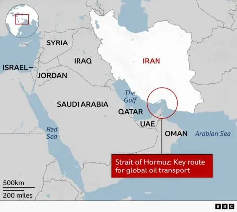 Graphic showing a map of the Strait of Hormuz.