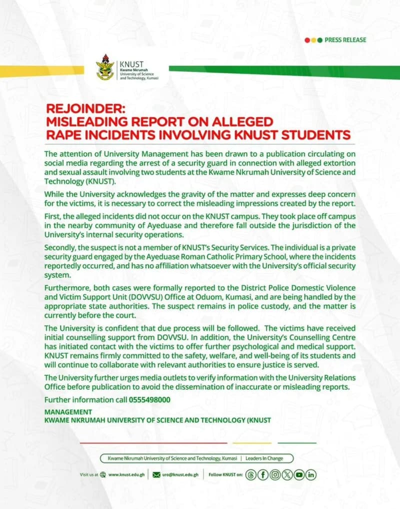 KNUST Clarifies Off-Campus Status of Alleged Student Assault and Extortion Cases