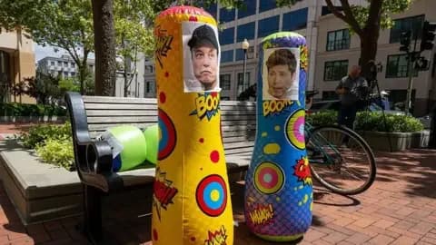 Getty Images Punching bags with the faces of Musk and Altman seen outside of court