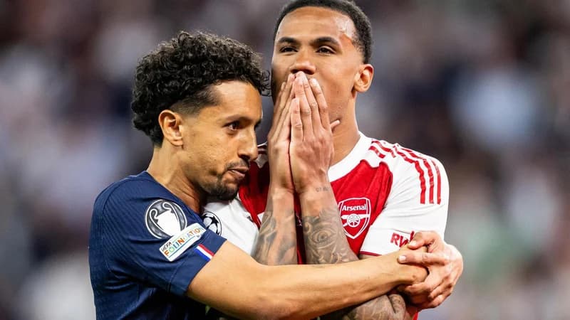 Paris St-Germain captain Marquinhos hugs his Brazilian team-mate Gabriel after the Arsenal defender missed a decisive penalty in their Champions League final shootout.