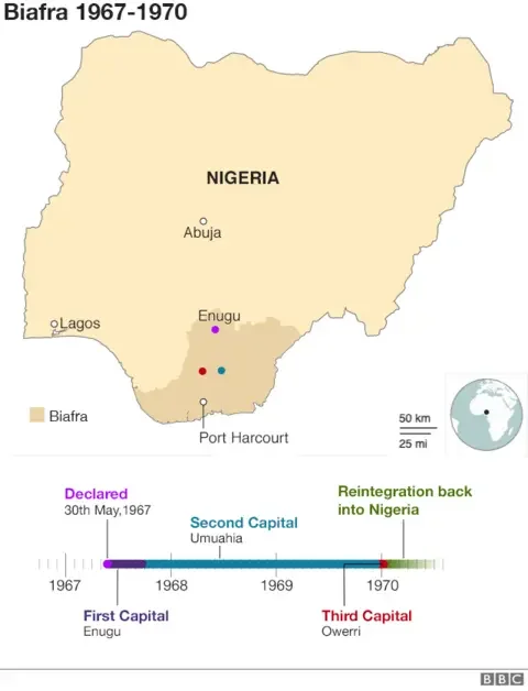 A map showing the territory of Biafra from 1967 to 1970