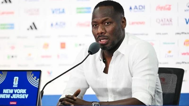 Senegal manager Pape Thiaw at a news conference at the 2026 World Cup