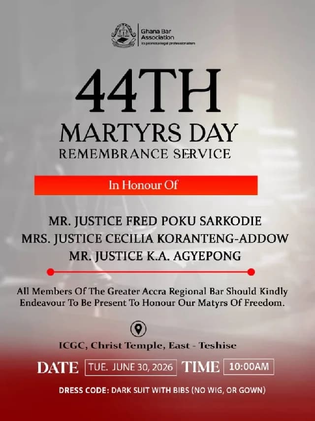 Ghana Bar Association to Commemorate 44th Martyrs Day in Honor of Slain High Court Judges