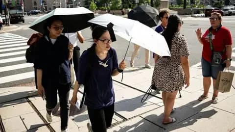 Bloomberg via Getty Images Pedestrians carry umbrellas to shield themselves from the sun during high temperatures in Washington, DC