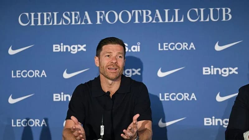 Xabi Alonso speaks to the media at Stamford Bridge