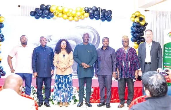 Kofi Nsiah-Poku (middle), President, AGI, with Prof. George Agyei (2nd from left), Director-General, GSA; Michael Opoku (left), Head of Budget, Ministry of Trade, Agribusiness and Industry; Seth Twum-Akwaboah (3rd from right), CEO, AGI, and other dignitaries at the launch of the AGI Ghana Industry and Quality Awards