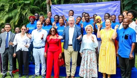Rune Skinnebach (4th from right), European Union Ambassador to Ghana, with Sandra Retzer (3rd from right), Country Director, GIZ Ghana; Lena Leumer (2nd from right), Director of the German Academic Exchange Service Regional Office; some dignitaries and the beneficiaries of the Erasmus+ Programme. Picture: ELVIS NII NOI DOWUONA
