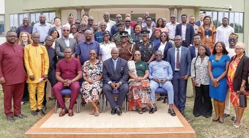 Prof Samuel Kaba Akoriyea (Seated middle), Director-General, Ghana Health Service, with Dr Caroline Reindorf Amissah (seated 2nd from right), Deputy Director-General, Ghana Health Service; Dr Hafiz Adam Taher (seated right), Director, Technical Coordination, of the Ministry of Health; Dr Sally-Ann Ohene (seated 2nd from left), Health Emergencies Team Lead, World Health Organisation, and other guests after the meeting. Picture: ELVIS NII NOI DOWUONA
