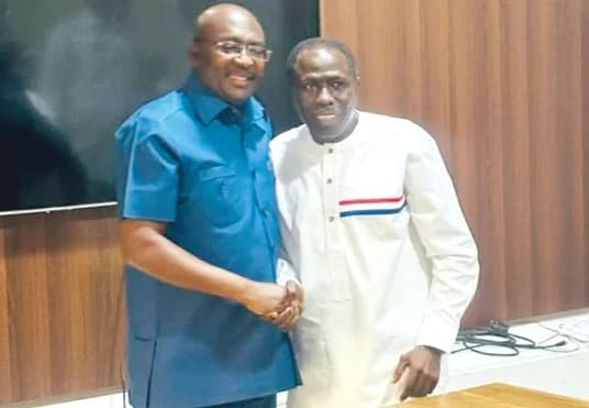 Dr Joseph Kobina Essibu (right), newly-elected Central Regional Chairman of the NPP, with Dr Mahamdu Bawumia, flag bearer of the party, after the courtesy call