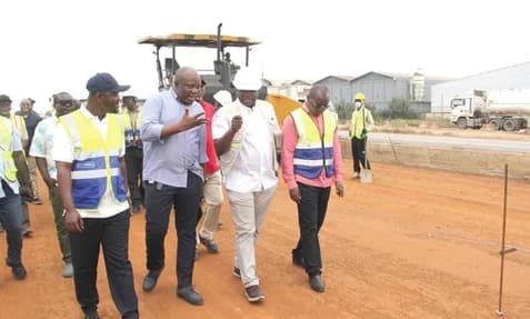Alhaji Ali Seidu (2nd from left), the Founder of Maripoma Enterprise Limited, taking Governs Kwame Agbodza (2nd from right), Minister of Roads and Highways, his deputy, Alhassan Sayibu Suhuyini (left), and other dignitaries round to inspect the progress of work on the Accra-Tema Motorway project. Picture: Nana Konadu Agyeman