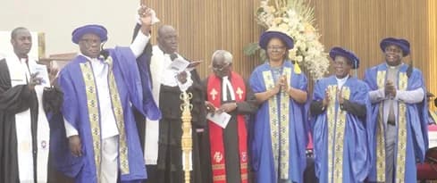 Rt Rev. Dr Abraham Nana Opare Kwakye (5th from right), Moderator of the General Assembly of the Presbyterian Church of Ghana, declaring Very Rev. Prof. Joseph Obiri Yeboah Mante (2nd from right) as the Chancellor of the Akrofi-Christaller Institute of Theology, Mission and Culture in Akropong-Akuapem. With them are some members of the ACI Council and leadership. Picture: ESTHER ADJORKOR ADJEI