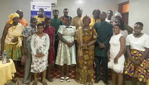 Gloria Cann (5th from right), Executive Director, Dynamic Works Foundation, and Obaapa Adwoa Ankyaa (4th from right), with guests and beneficiaries after the programme