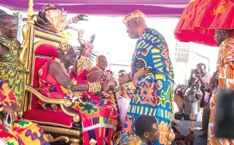 Osabarimba Kwesi Atta II (seated left), Omanhen of the Oguaa Traditional Area, welcoming King Tackie Teiko Tsuru II, Ga Mantse. Pictures: DOUGLAS ANANE-FRIMPONG