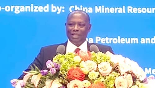 Emmanuel Armah-Kofi Buah, Minister of Lands and Natural Resources, addressing participants during the 28th China Mining Conference and Exhibition 2026 in Tianjin, China