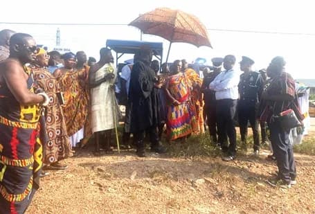 Traditional rulers of Akyem Kotoku State and the team from the Ministry for the Interior and the Police Administration and the proposed site for the Depot