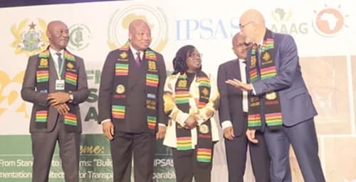 Thomas Muller-Marques Berger (right), Chairman, IPSAS Board, in a discussion with Samuel Okudzeto Ablakwa (2nd from left), Minister of Foreign Affairs; Kwasi Agyei (left), Controller and Accountant-General and Edith Akorfa Lumor (3rd from left), Director of Finance, Africa Union Commission, after the event. Picture: EDNA SALVO KOTEY
