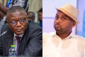 A composite image featuring two prominent Ghanaian politicians. On the left is Kofi Adams, NDC MP for Buem, seen in a suit and glasses during a formal session; on the right is Vincent Ekow Assafuah, NPP MP for Old Tafo, wearing a white shirt and a beige hat.