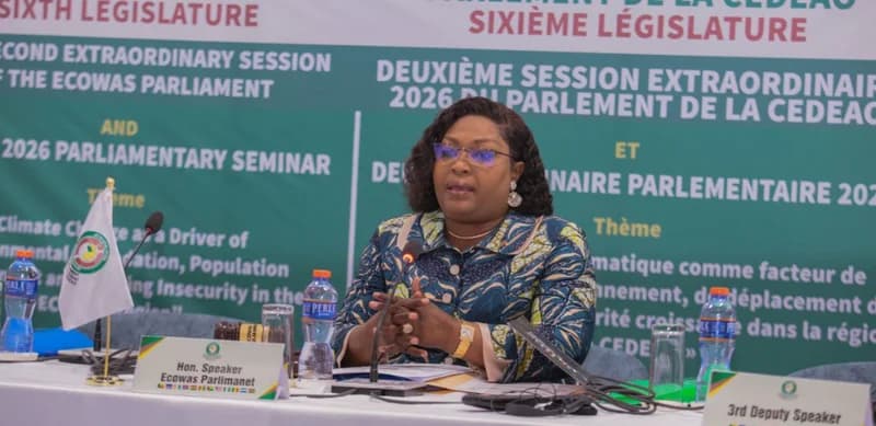 Memounatou Ibrahima, the Speaker of the ECOWAS Parliament, is pictured addressing an official session. She sits behind a nameplate labeled "Hon. Speaker Ecowas Parlimanet" against a large green and white backdrop detailing the Sixth Legislature's extraordinary session and a seminar on climate change.