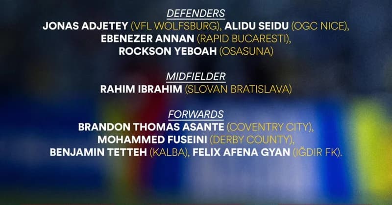 A sports graphic listing nine football players called up for national duty, organized by position: Defenders, Midfielder, and Forwards. The names include Jonas Adjetey, Alidu Seidu, and Felix Afena Gyan alongside their professional club teams.