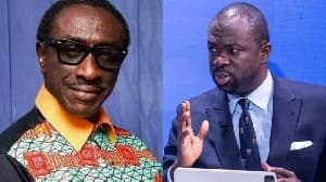 A composite image featuring Ghanaian satirist Kwaku Sintim-Misa (KSM) on the left and politician Dr. Matthew Opoku Prempeh on the right. KSM is seen wearing a colorful patterned shirt and dark-rimmed glasses, while Opoku Prempeh is dressed in a formal blue suit and tie, gesturing with his hand.