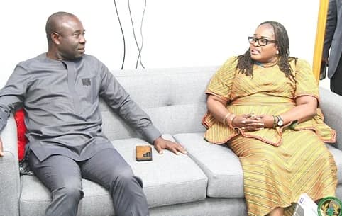 Emmanuel Kwadwo Agyekum (left), Minister of Labour, Employment and Job Creation, in a discussion with Dr Bernice Welbeck, Executive Secretary of the National Labour Commission