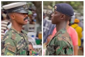 A side-by-side photograph showing a senior military officer on the left speaking and a younger soldier on the right standing at attention. Both are dressed in Ghana Armed Forces camouflage uniforms, with the senior officer wearing a peaked cap and the younger soldier wearing a beret, likely during a military ceremony.
