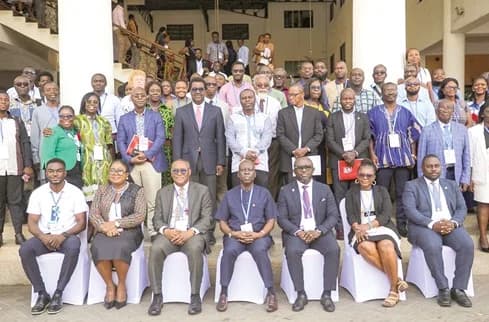 Dr David Wilfred Ochan (seated middle), the United Nations Population Fund Country Representative in Ghana, with Prof. Yaw Asante Awuku (3rd from right), Founding Head of Physician Assistant Studies, School of Allied Health Sciences in the University of Health and Allied Sciences, Patience Afulani (2nd from right), University of California, San Francisco, and other officials after the event. Picture: CALEB VANDERPUYE