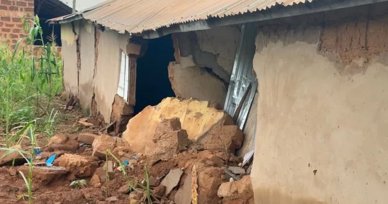 A close-up view of a collapsed building in North East Gonja, showing structural damage to the mud-brick walls and a sagging corrugated metal roof. Debris from the fallen walls is scattered on the ground next to green maize plants, illustrating the destruction caused by recent floods.