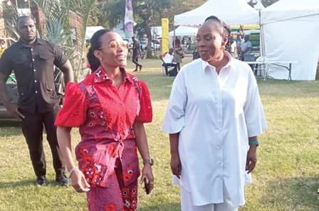 Zenator Agyeman-Rawlings, Minister of Environment, Science and Technology, and Esther Cobbah (right), Convener of the Ghana Garden and Flower Movement, arriving at the event.