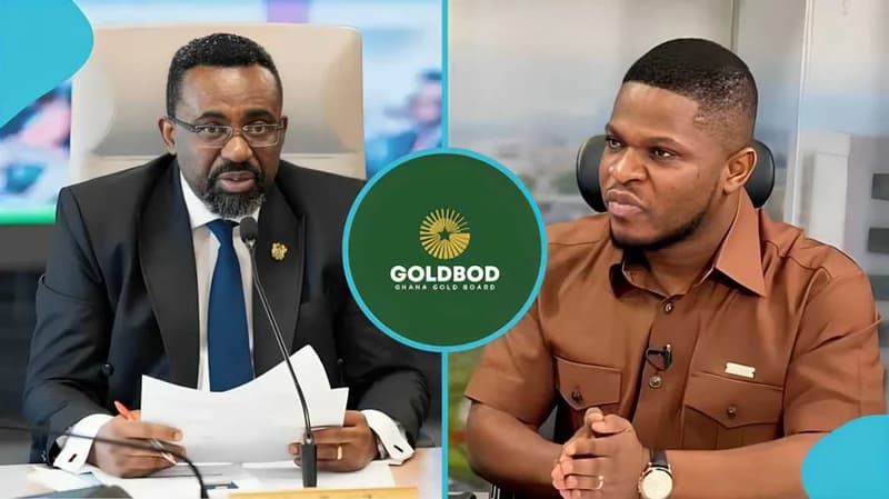 A composite graphic featuring two men, likely officials, with the 'GOLDBOD GHANA GOLD BOARD' logo centered between them. The man on the left wears a formal suit and handles papers at a desk, while the man on the right wears a brown shirt, representing key figures in the reported board transition.