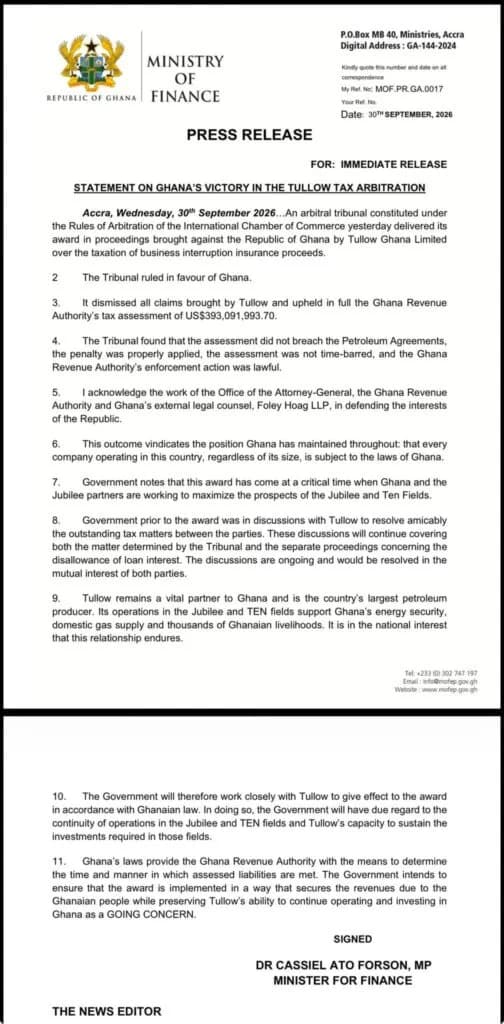 An official press release from the Ministry of Finance of the Republic of Ghana, announcing a legal victory in a tax arbitration case against Tullow Ghana Limited. The document is dated September 30, 2026, and details an award of approximately US$393 million in favor of the Republic of Ghana, signed by Minister for Finance Dr. Cassiel Ato Forson.
