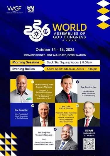 A promotional poster for the 2026 World Assemblies of God Congress in Ghana, featuring images of key dignitaries including President John Dramani Mahama. The digital flyer outlines event details such as dates, morning sessions at Black Star Square, and evening rallies at Accra Sports Stadium.