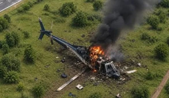 An aerial view of a helicopter crash site in a field surrounded by trees. The fuselage of the dark-colored helicopter is engulfed in flames, emitting a large plume of thick black smoke with wreckage scattered across the grassy ground.