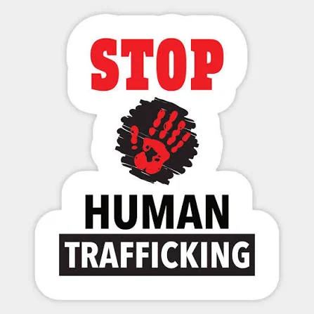 A graphic illustration designed as a campaign sticker to raise awareness against human trafficking. It features the word 'STOP' in bold red letters above a red handprint icon encircled by black scribbles, followed by the text 'HUMAN TRAFFICKING' in black.