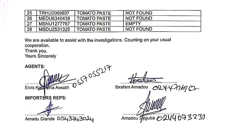 A section of a formal document or petition listing container numbers for tomato paste shipments marked as 'NOT FOUND' or 'EMPTY'. It features signatures and contact numbers from agents and importer representatives, likely related to an investigation at Tema Port.